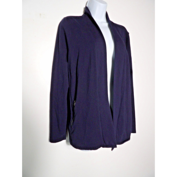 T Talbots Medium Cardigan Sweater Pima Cotton Open Style Pockets Navy Blue Basic - Picture 3 of 16